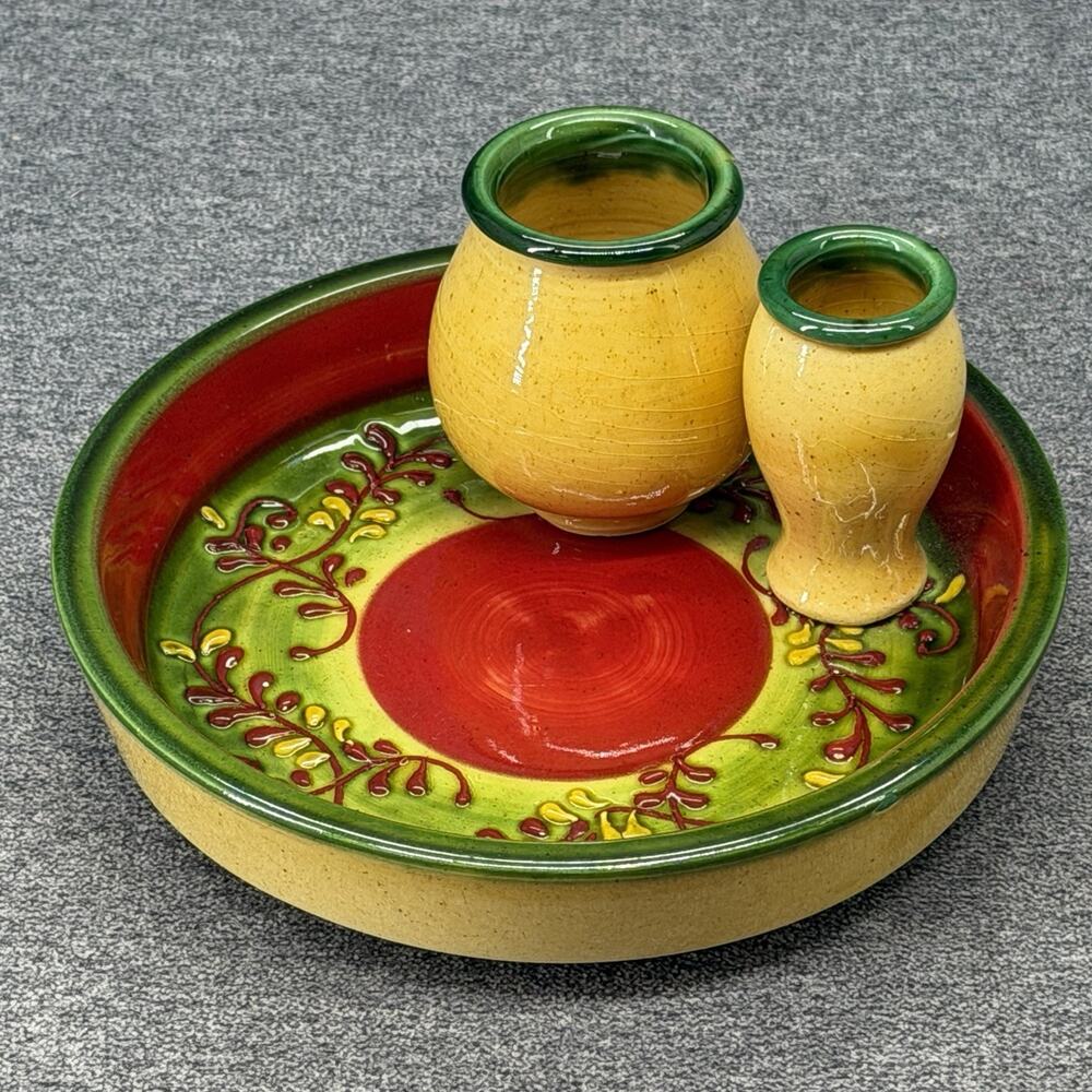 Old Spanish Hand Painted Ceramic Olive Tapas Serving Dish Pit Toothpick Holder